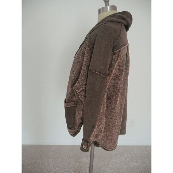 Brown French Terry V-Neck Button-Up Hi-Low Pocket Jacket - Picture 4 of 12